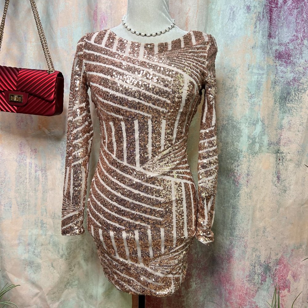 📌Xenia Boutique Rose Gold Mini Sequin Bodycon Formal - Ball - Prom Dress - Picture 2 of 16